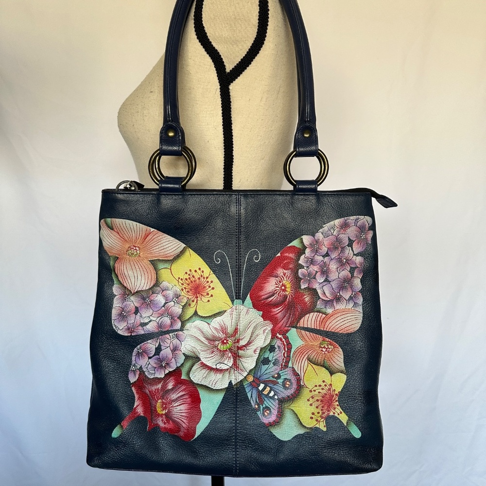 Anuschka Navy Floral & Butterfly Painted Leather Shoulder Bag